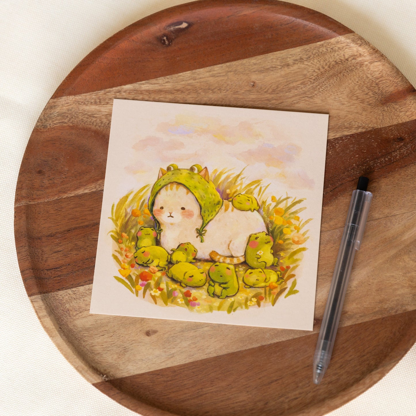 square print // "Cat & frogs" design - sleepy frog, cat in disguise | illustration, art print