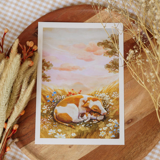 A5 // "sleeping cow & cat" - cottagecore illustration | art print
