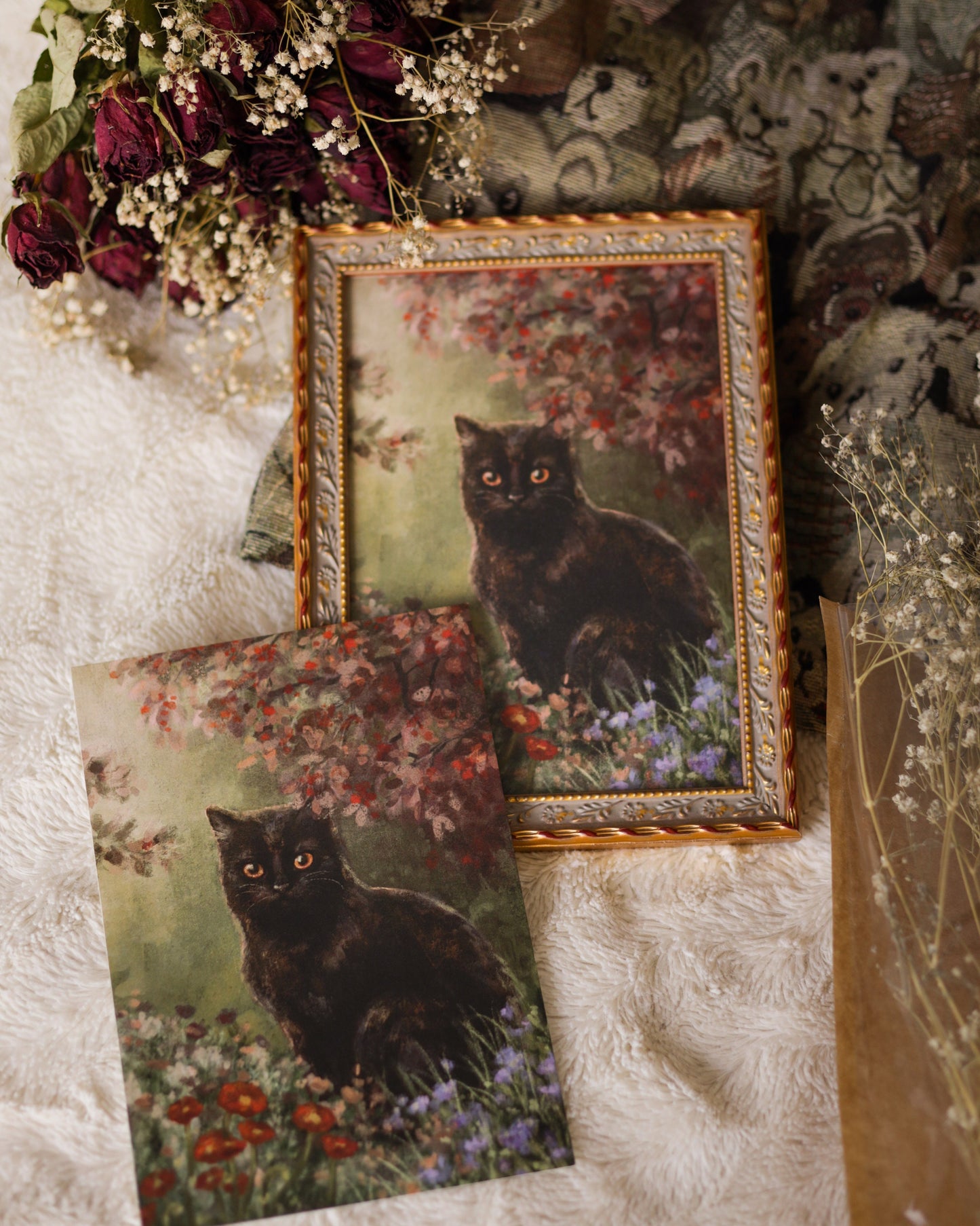 A5 // "Black cat between wildflowers" - illustration, cat portrait in vintage style | art print