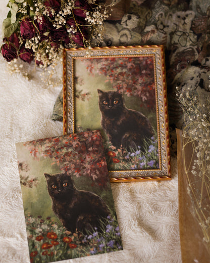 A5 // "Black cat between wildflowers" - illustration, cat portrait in vintage style | art print
