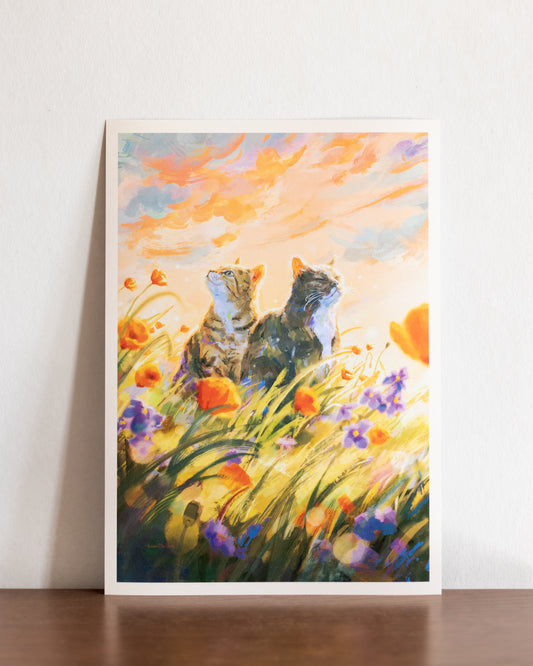 A4 // cats between wildflowers | illustration, painting, art print, poster
