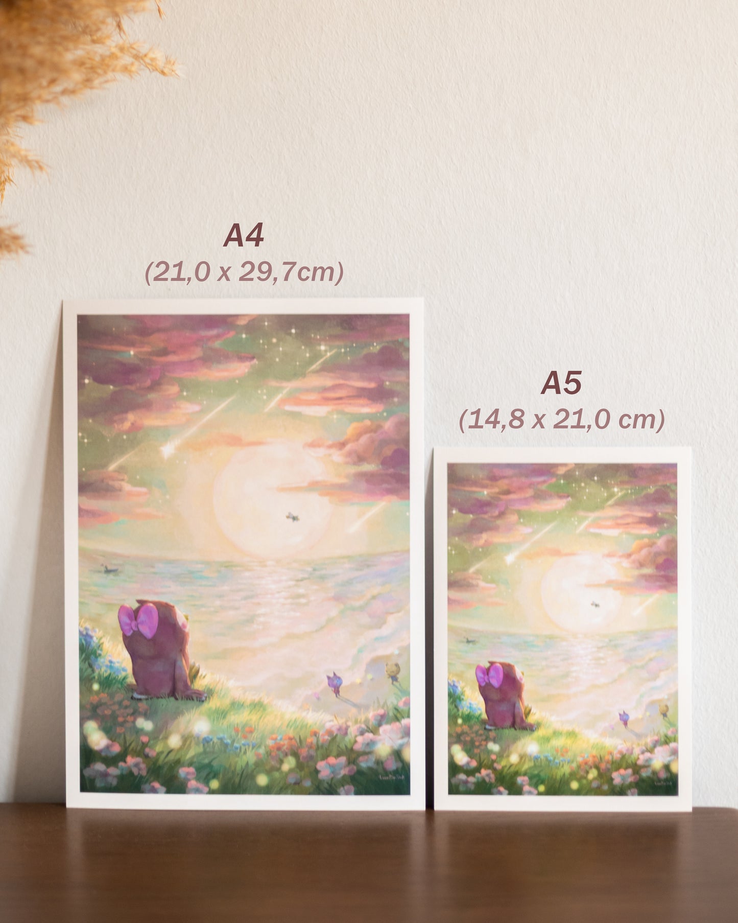 A5, A4 // "Celeste watching meteor shower at the shore" | illustration, painting, drawing, art print, poster