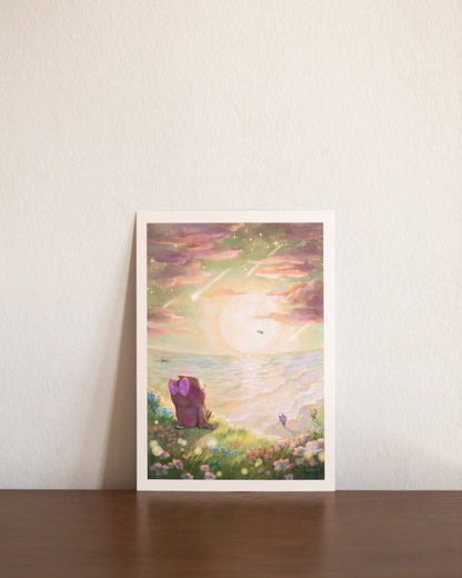 A5, A4 // "Celeste watching meteor shower at the shore" | illustration, painting, drawing, art print, poster