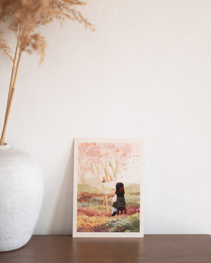 A5 // "painting cherry blossoms" - cottage girl at easel | illustration, art print, digital painting, poster