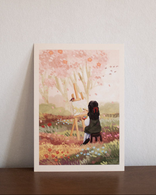 A5 // "painting cherry blossoms" - cottage girl at easel | illustration, art print, digital painting, poster