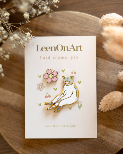 pin set of 2 // sitting cat & cherry blossom - hard enamel pins