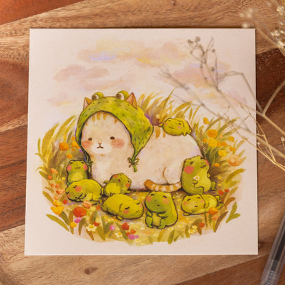 square print // "Cat & frogs" design - sleepy frog, cat in disguise | illustration, art print