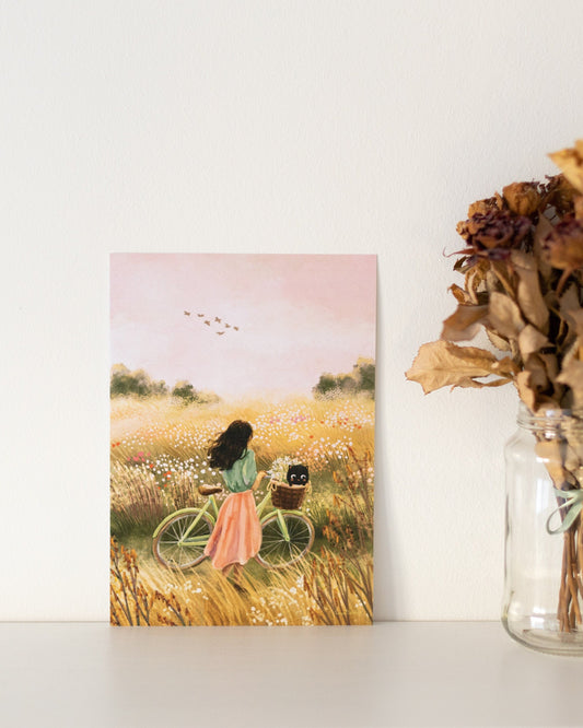 A5 // "bike ride along the flower field" - cottagecore girl illustration | art print, digital painting, mini poster