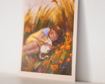 A4, A5, A6 // "sleeping girl with cat" - painting | art print, poster, postcard