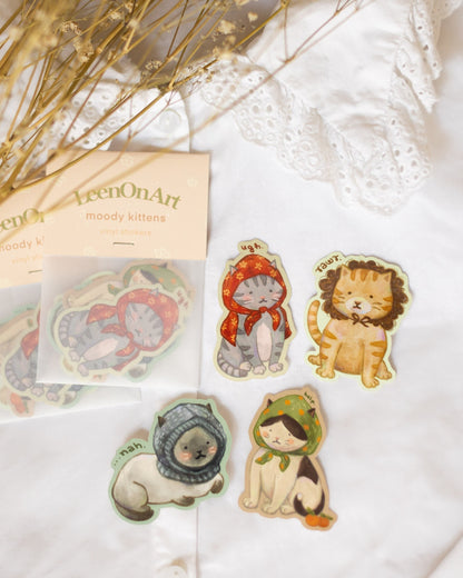 set of 4 // "moody kittens" matte vinyl stickers | cat illustration