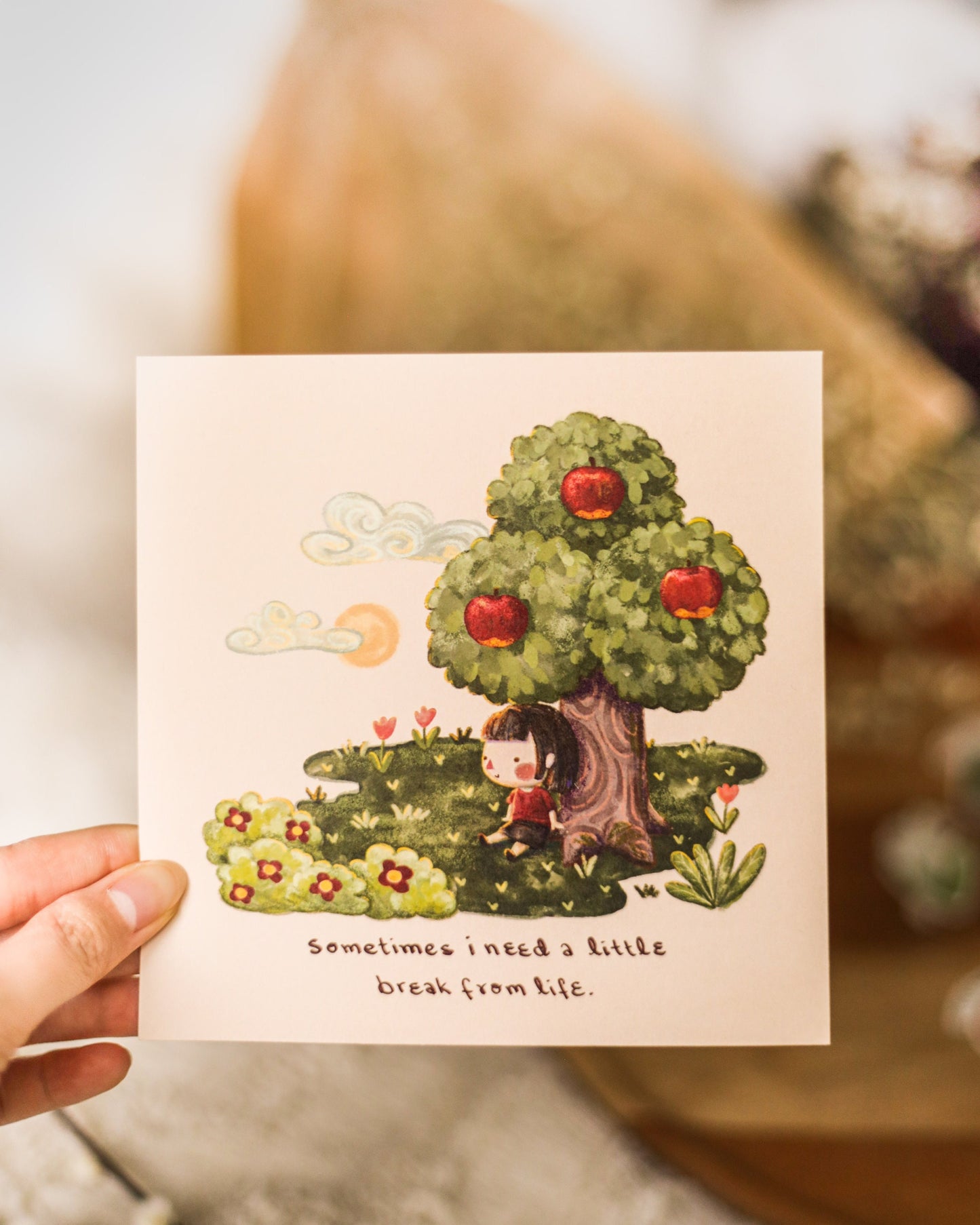 square print // "need a little break from life" - villager under apple tree illustration | art print, poster
