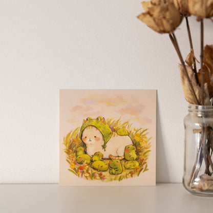 square print // "Cat & frogs" design - sleepy frog, cat in disguise | illustration, art print