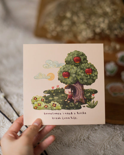 square print // "need a little break from life" - villager under apple tree illustration | art print, poster