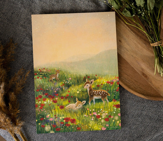 A4 // "deer on flower field" - illustration | painting, drawing, art print, poster