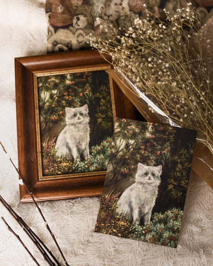 A5 // "White cat in flower forest" illustration, Siberian cat portrait in antique vintage style // art print, poster