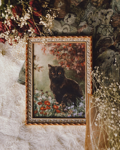 A5 // "Black cat between wildflowers" - illustration, cat portrait in vintage style | art print