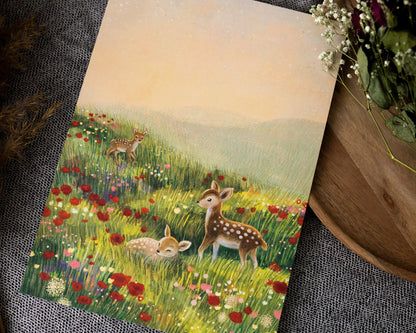 A4 // "deer on flower field" - illustration | painting, drawing, art print, poster