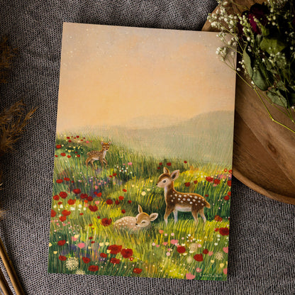 A4 // "deer on flower field" - illustration | painting, drawing, art print, poster