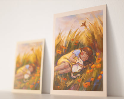 A4, A5, A6 // "sleeping girl with cat" - painting | art print, poster, postcard