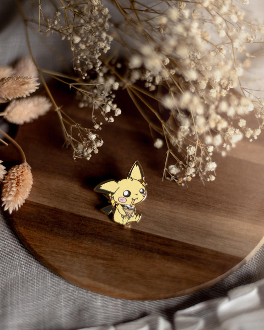 pin // Pocket monster "Pichu drinking bubble tea" - hard enamel pin
