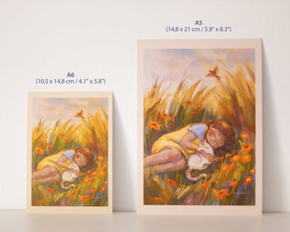 A4, A5, A6 // "sleeping girl with cat" - painting | art print, poster, postcard