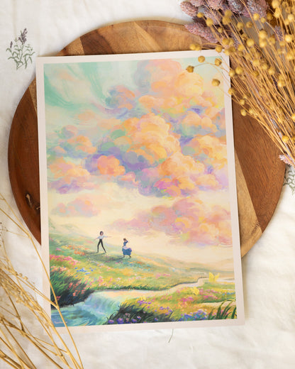 A4 // Howl & Sophie - sunset scenery | illustration, painting, drawing, art print, movie poster
