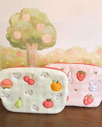 PRE-ORDER: cozy pouch bag [strawberry bunnies & fruity cosmos flower design]