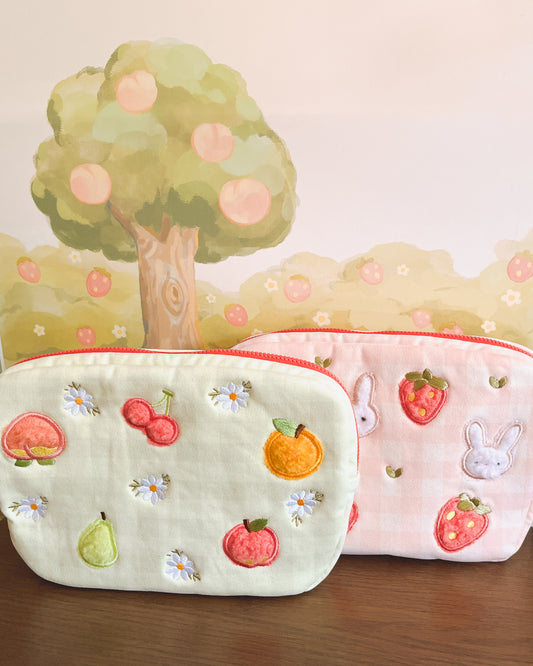 PRE-ORDER: cozy pouch bag [strawberry bunnies & fruity cosmos flower design]