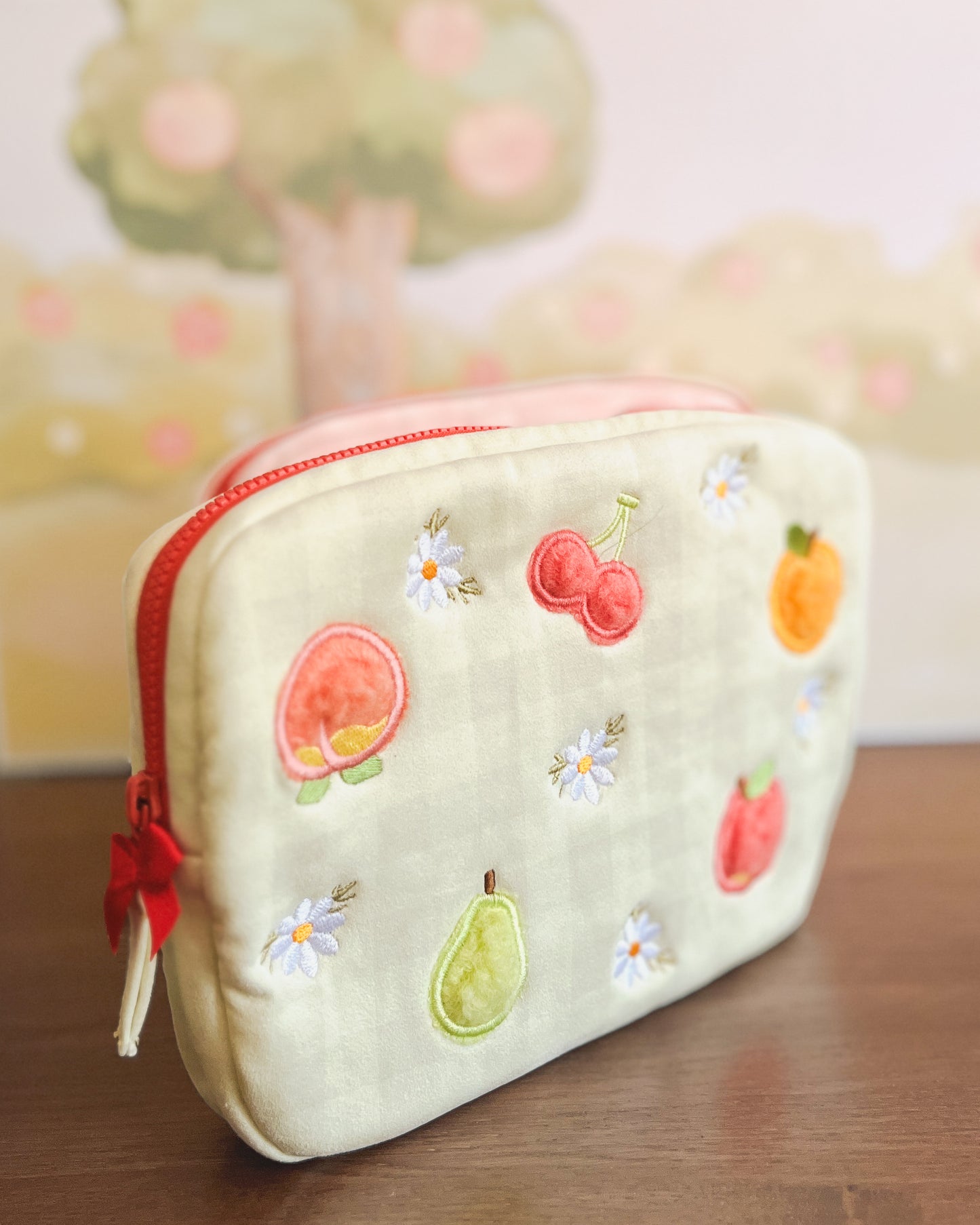 PRE-ORDER: cozy pouch bag [strawberry bunnies & fruity cosmos flower design]