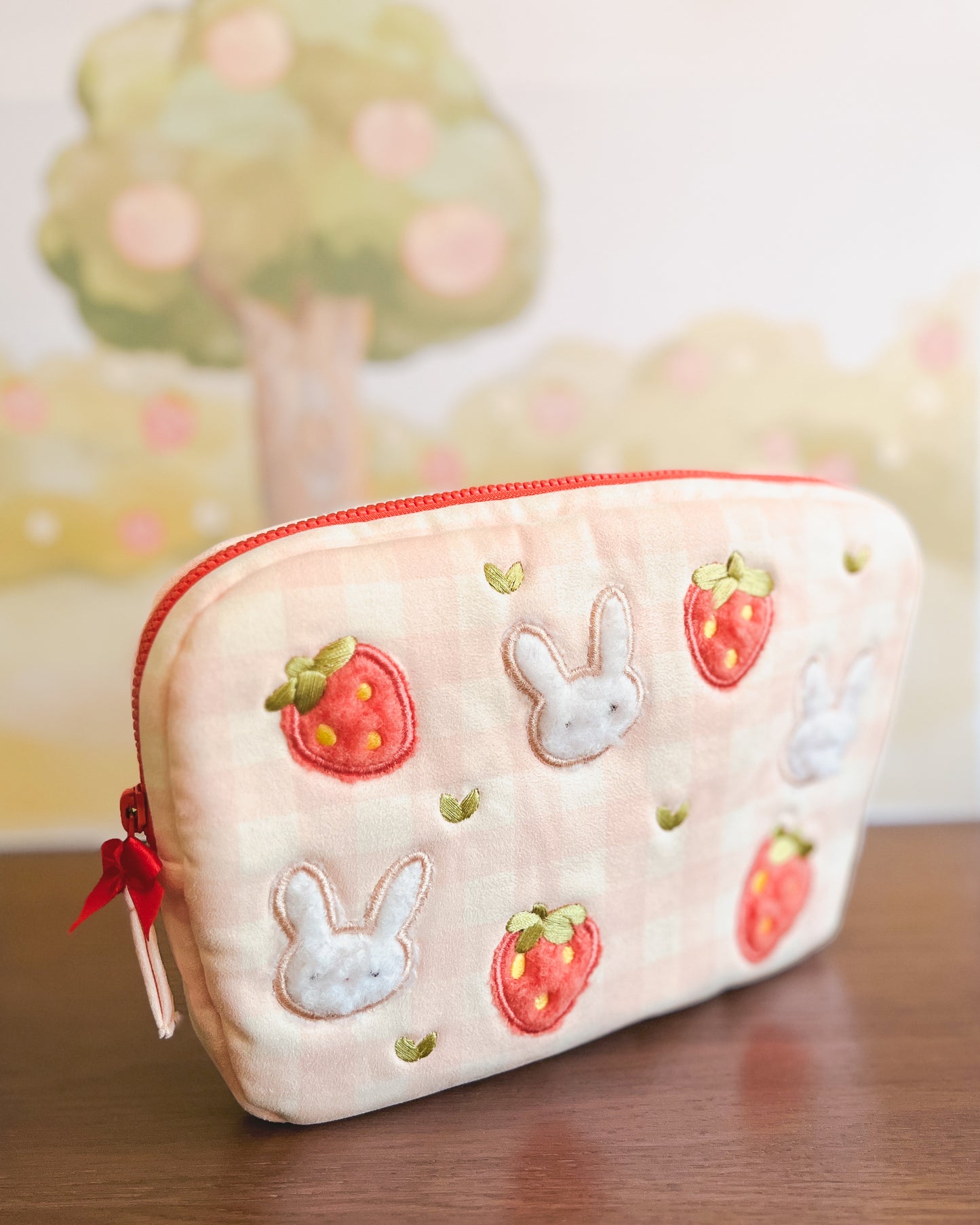 PRE-ORDER: cozy pouch bag [strawberry bunnies & fruity cosmos flower design]