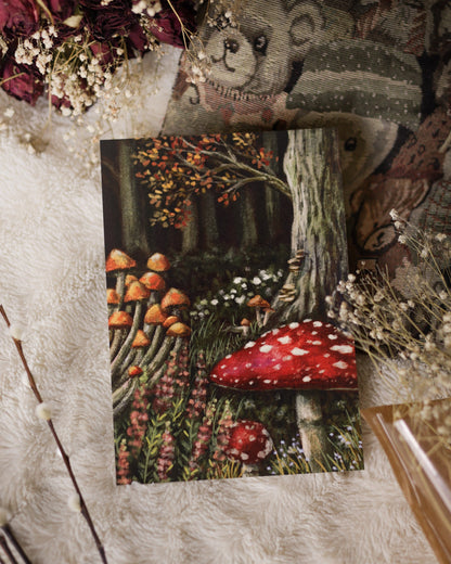 A5 // "mushrooms in autumnal forest" - illustration | vintage style painting, art print, poster