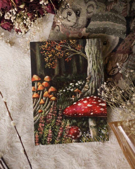 A5 // "mushrooms in autumnal forest" - illustration | vintage style painting, art print, poster