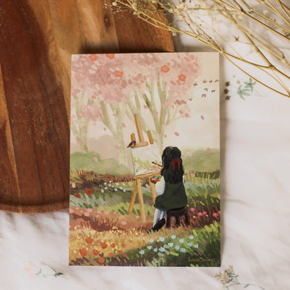 A5 // "painting cherry blossoms" - cottage girl at easel | illustration, art print, digital painting, poster