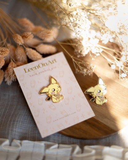 pin // Pocket monster "Pichu drinking bubble tea" - hard enamel pin