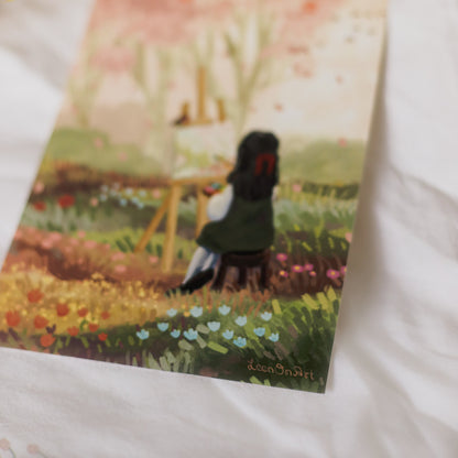 A5 // "painting cherry blossoms" - cottage girl at easel | illustration, art print, digital painting, poster