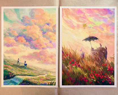 A4 // Howl & Sophie - sunset scenery | illustration, painting, drawing, art print, movie poster