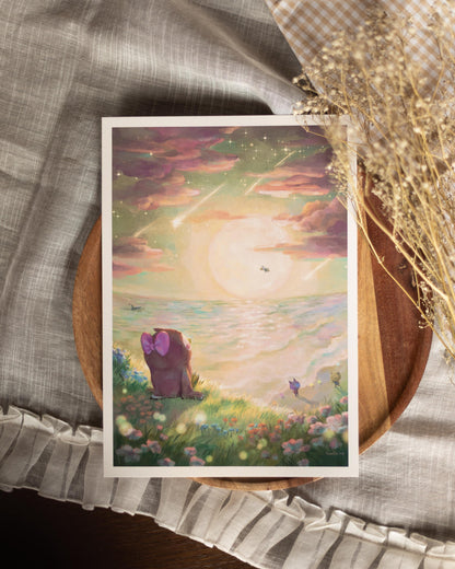 A5, A4 // "Celeste watching meteor shower at the shore" | illustration, painting, drawing, art print, poster