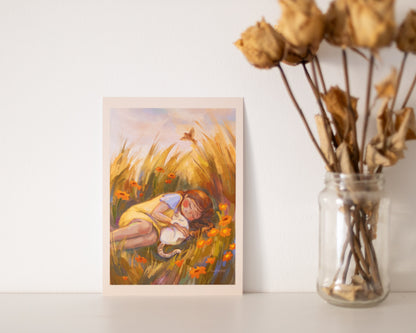 A4, A5, A6 // "sleeping girl with cat" - painting | art print, poster, postcard