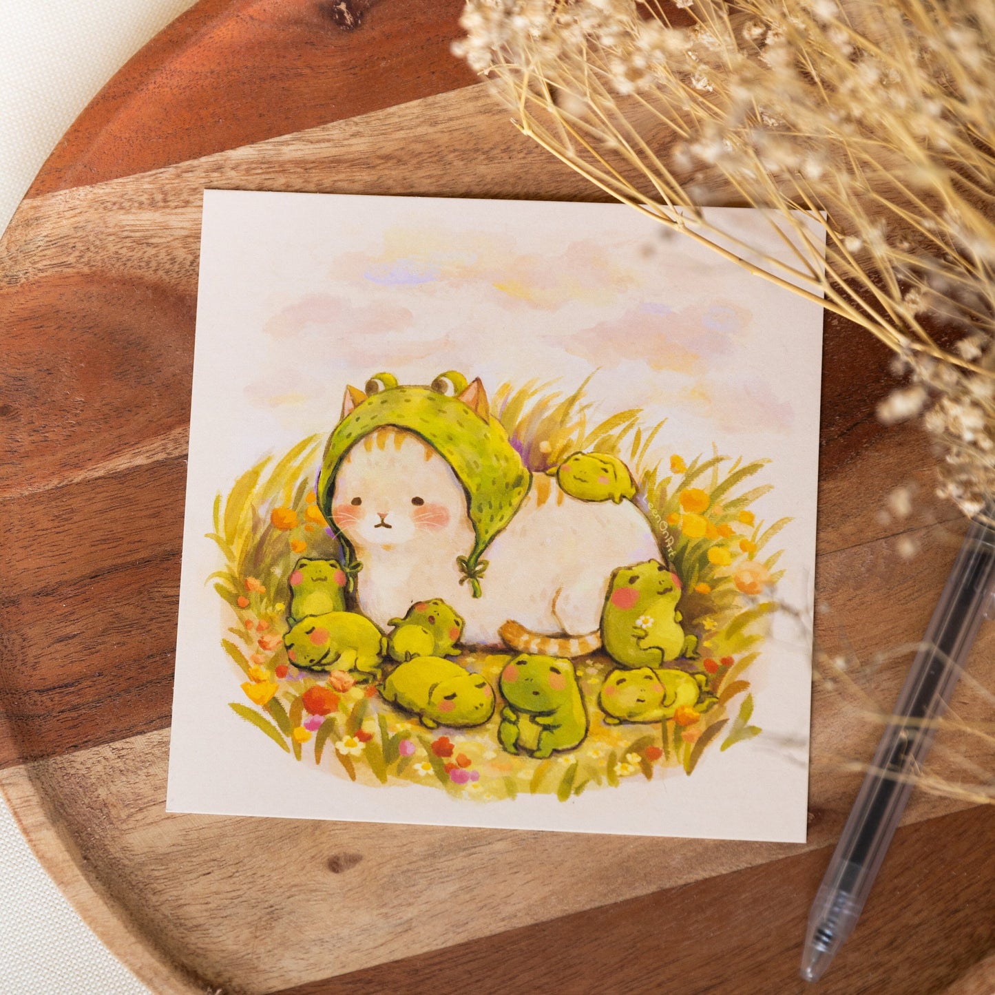 square print // "Cat & frogs" design - sleepy frog, cat in disguise | illustration, art print