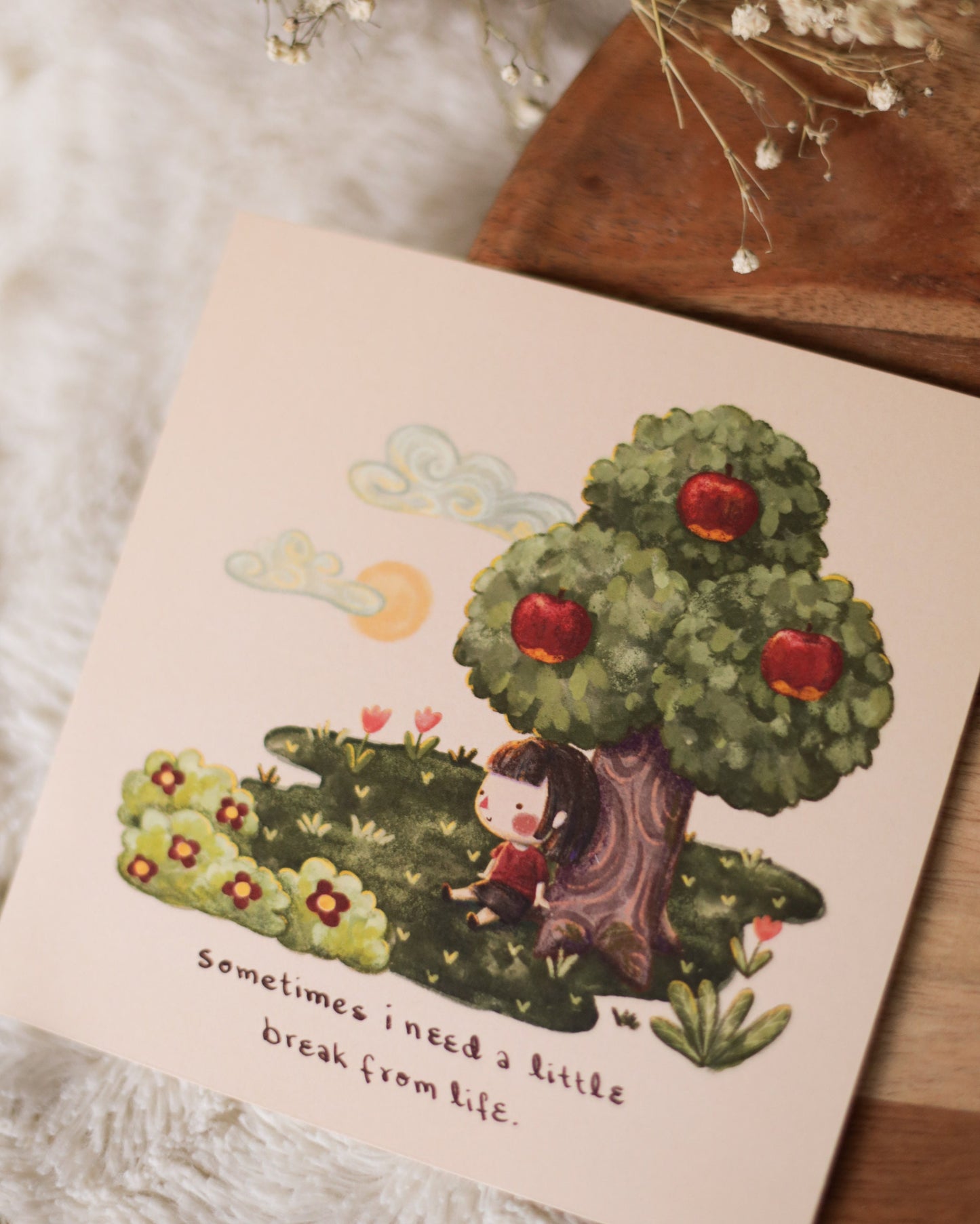 square print // "need a little break from life" - villager under apple tree illustration | art print, poster
