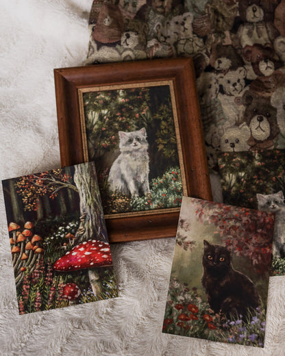 A5 // "White cat in flower forest" illustration, Siberian cat portrait in antique vintage style // art print, poster