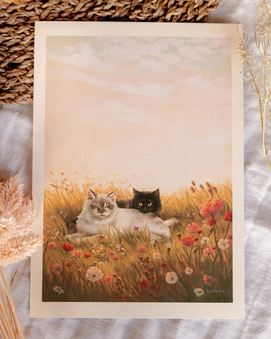 A5 // "Doufu & Baozi" - cats in flower field | art print