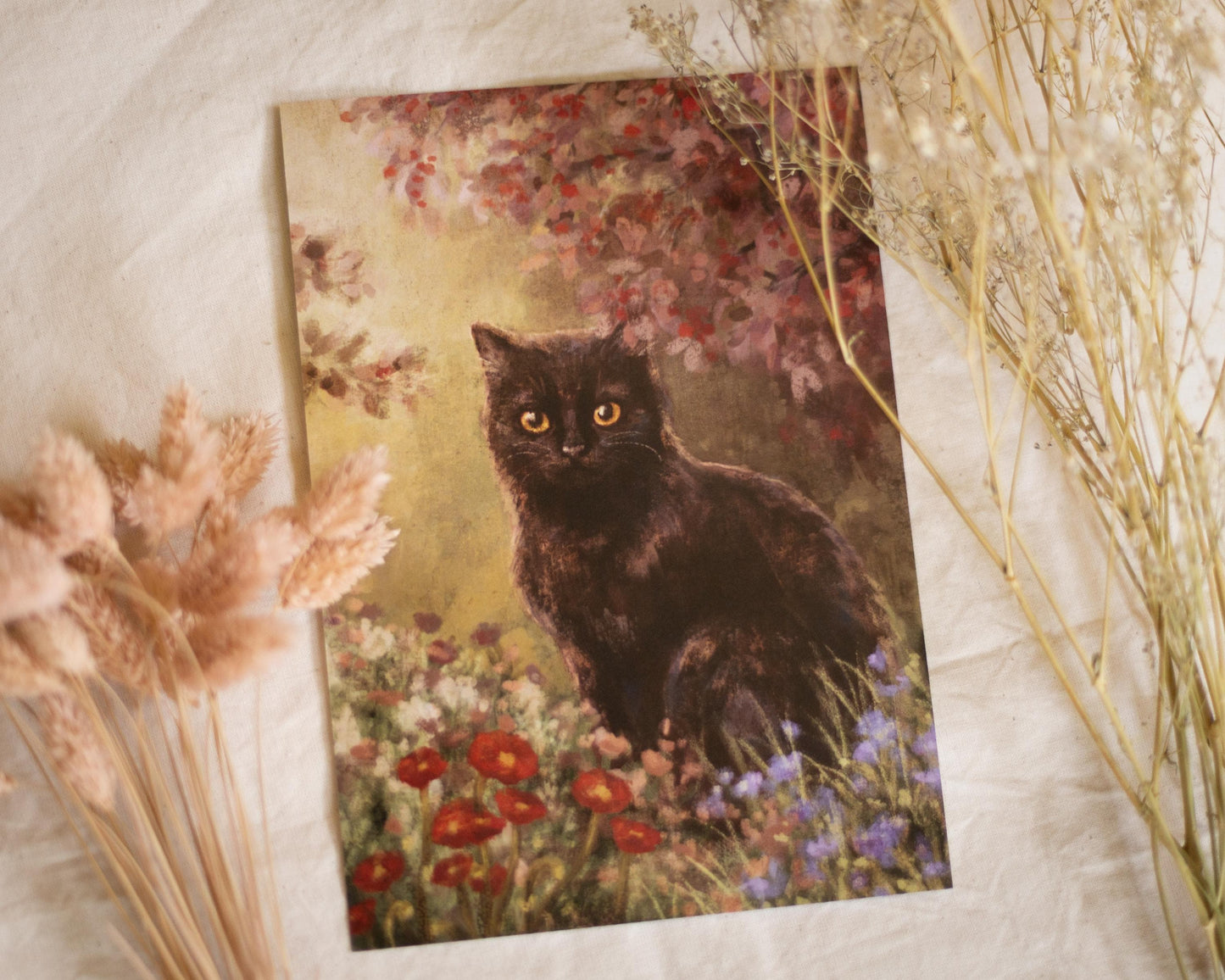 A5 // "Black cat between wildflowers" - illustration, cat portrait in vintage style | art print