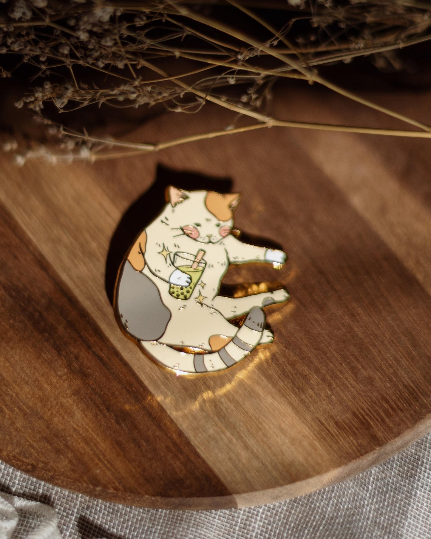 pin // Calico cat drinking matcha bubble tea - hard enamel pin