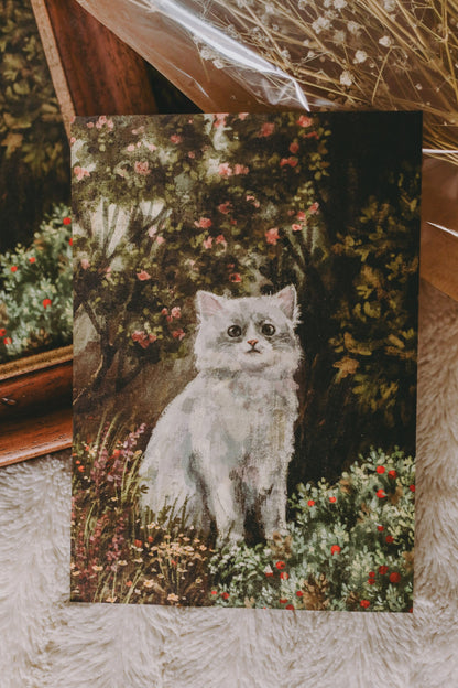 A5 // "White cat in flower forest" illustration, Siberian cat portrait in antique vintage style // art print, poster