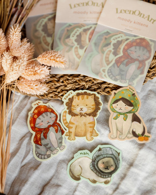 set of 4 // "moody kittens" matte vinyl stickers | cat illustration