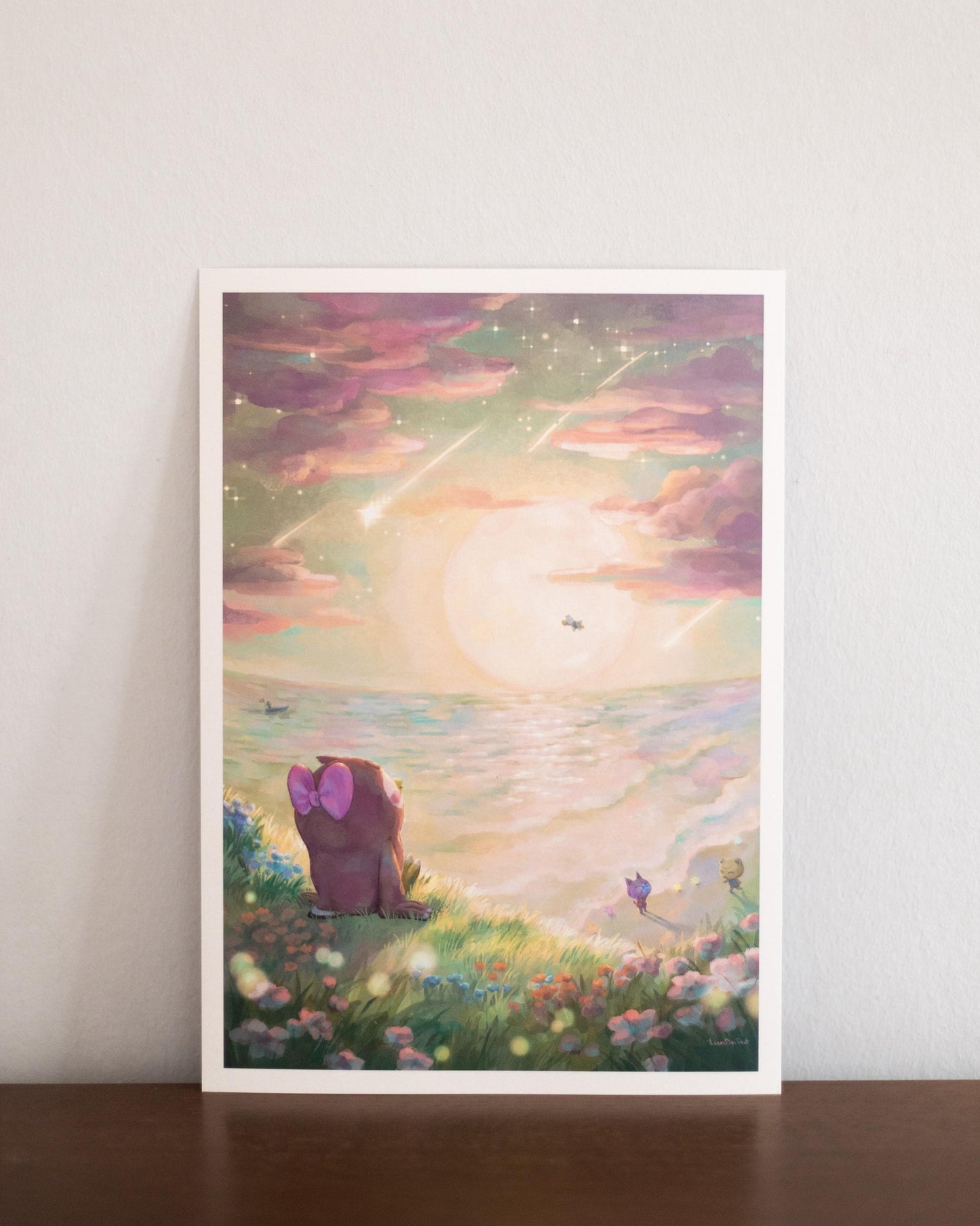 A5, A4 // "Celeste watching meteor shower at the shore" | illustration, painting, drawing, art print, poster