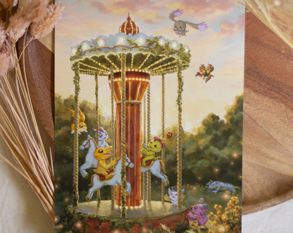 A5, A4 // Digi monsters "Merry-go-round" - painting | art print, smalll poster